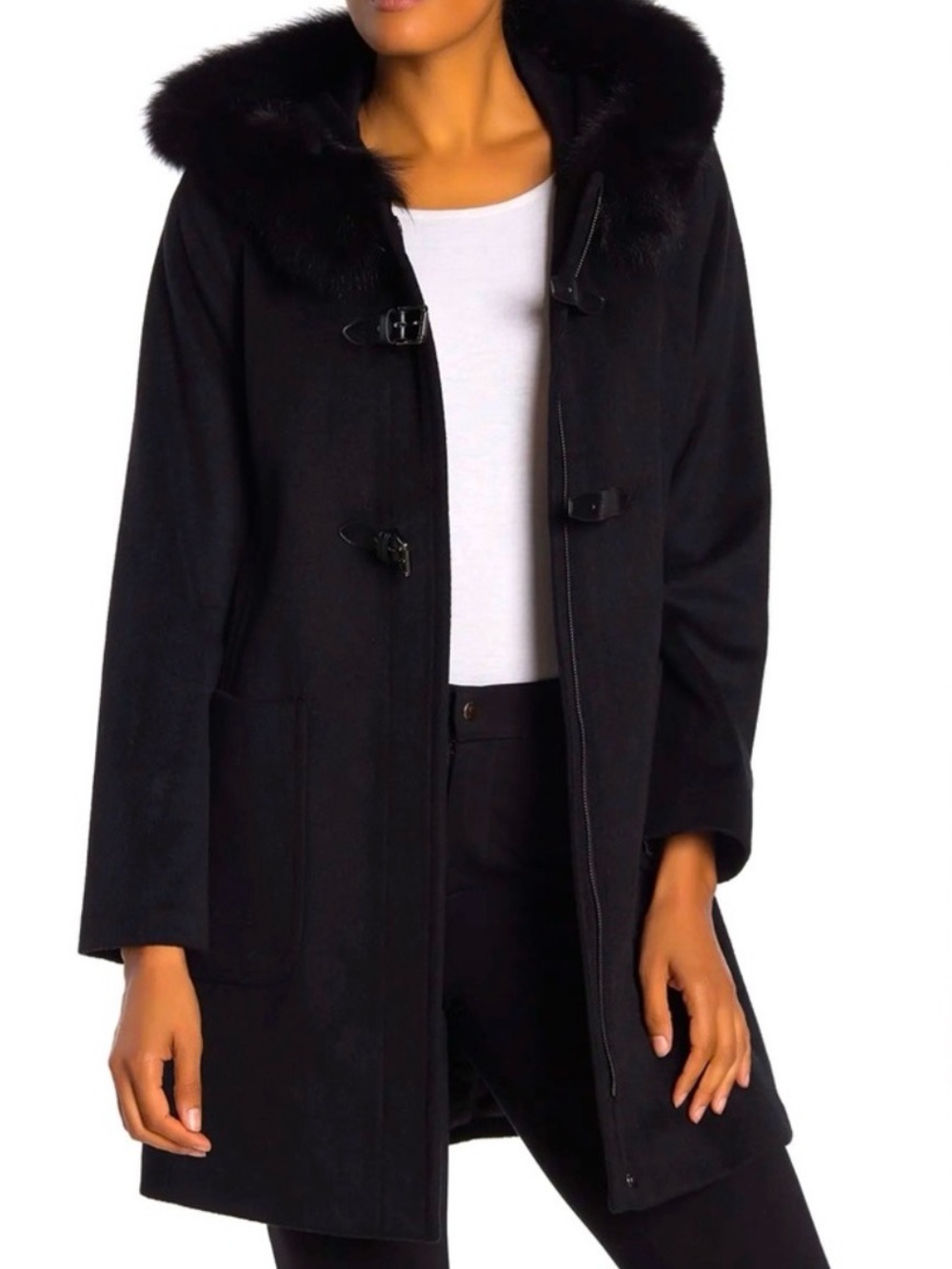 Trina Turk Black Fox Fur-Trim Toggle Wool Blend Coat - Women - Size 14